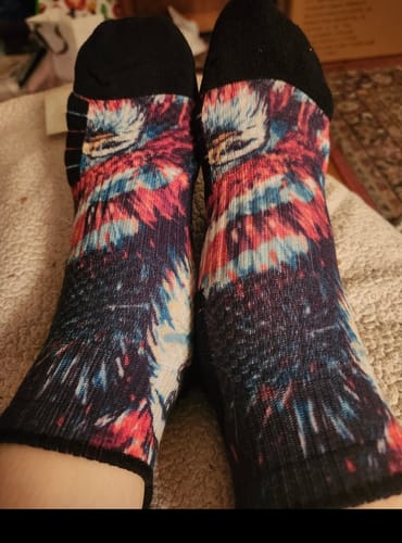 Customer's American Eagle Ankle Compression Socks worn on both feet, featuring a colorful patterned eagle design.